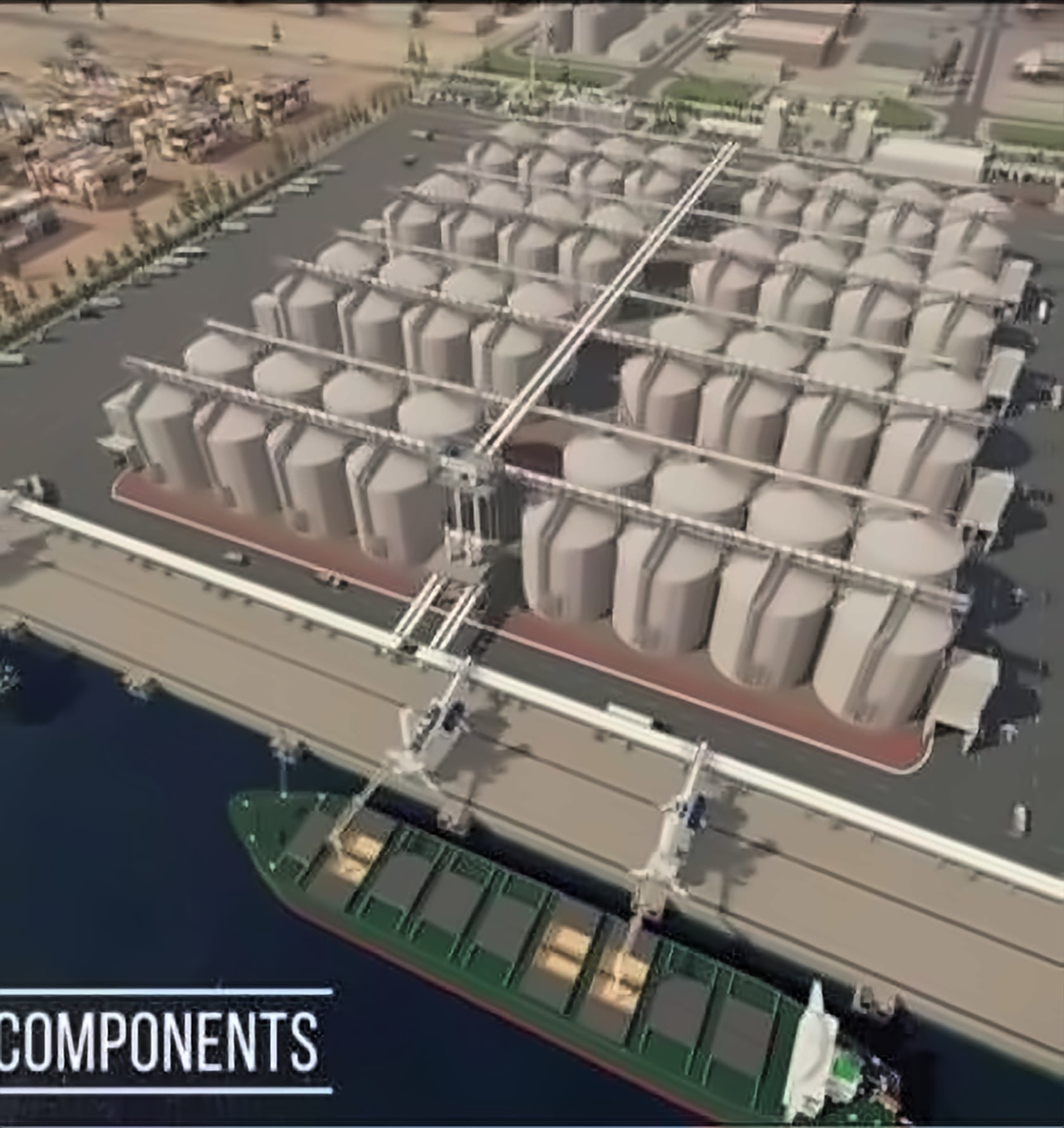 Aerial render of the grain silos terminal at East Port Said
